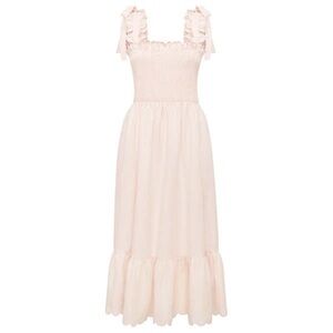 Ephemera Linen Bow Tie Scalloped Midi Dress